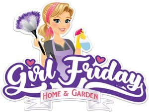 girl friday logo woman with blonde hair holding a duster and spray bottle with the words Girl Friday Home & Garden written in a banner